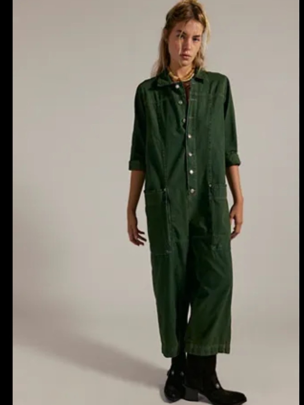 We the Free Margarita  Free People Dark Green Button-Up Utility Jumpsuit size XL